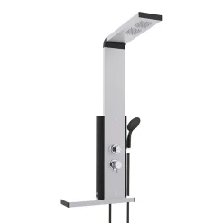 Colonne de douche thermostatique hydromassante avec tablette, pomme de tête, douchette et flexible, en aluminium anodisé gris, Valentin Dune