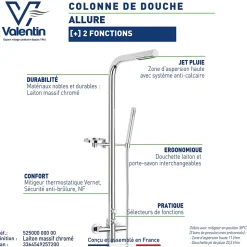Colonne de douche thermostatique avec pomme de tête, douchette 1 jet et flexible, porte-savon, laiton chromé, Valentin Allure