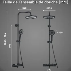 Colonne De Douche Thermostatique Securite 38C Jet Pluie Hauteur Reglable 1006 A 1206 mm Structure Inox Noire