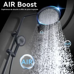 Colonne De Douche Thermostatique Securite 38C Jet Pluie Hauteur Reglable 1006 A 1206 mm Structure Inox Noire