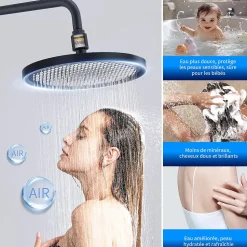 Colonne De Douche Thermostatique Securite 38C Jet Pluie Hauteur Reglable 1006 A 1206 mm Structure Inox Noire