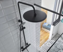 Colonne de douche thermostatique avec pommeau + douchette 3 jets + flexible + barre réglable, noir mat, GoodHome Weddell