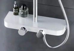 Colonne de douche thermostatique laiton, mitigeur de douche + tablette en verre - Chrome / Blanc - Assemblée, Silencieux - BS371
