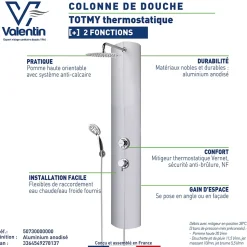 Colonne de douche thermostatique avec pomme de tête, douchette et flexible, en aluminium anodisé gris, Valentin Totmy