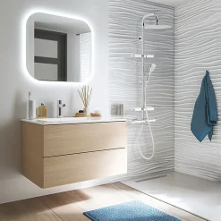 Colonne de douche thermostatique anti-brûlure avec tablette, pomme de tête ronde, douchette et flexible, chrome, Valentin Opium