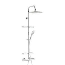 Colonne de douche thermostatique anti-brûlure avec tablette, pomme de tête ronde, douchette et flexible, chrome, Valentin Opium