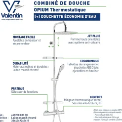 Colonne de douche thermostatique anti-brûlure avec tablette, pomme de tête ronde, douchette et flexible, chrome, Valentin Opium