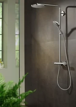 Colonne de douche thermostatique avec pommeau + douchette 1 jet + flexible + barre réglable, chrome, Hansgrohe Raindance Select S 240 PowderRain