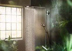 Colonne de douche thermostatique avec pommeau + douchette 1 jet + flexible + barre réglable, chrome, Hansgrohe Raindance Select S 240 PowderRain