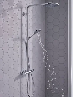 Colonne de douche thermostatique avec pommeau + douchette 1 jet + flexible + barre réglable, chrome, Hansgrohe Raindance Select S 240 PowderRain