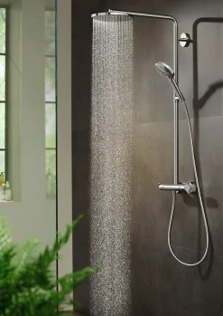 Colonne de douche thermostatique avec pommeau + douchette 1 jet + flexible + barre réglable, chrome, Hansgrohe Raindance Select S 240 PowderRain