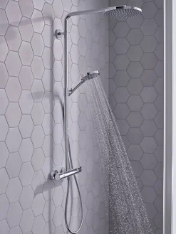 Colonne de douche thermostatique avec pommeau + douchette 1 jet + flexible + barre réglable, chrome, Hansgrohe Raindance Select S 240 PowderRain