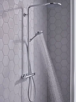 Colonne de douche thermostatique avec pommeau + douchette 1 jet + flexible + barre réglable, chrome, Hansgrohe Raindance Select S 240 PowderRain