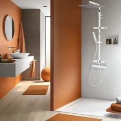 Colonne de douche thermostatique avec tablettes, pomme de tête, douchette et flexible, chrome, Valentin Touareg