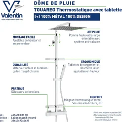 Colonne de douche thermostatique avec tablettes, pomme de tête, douchette et flexible, chrome, Valentin Touareg