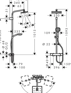 Colonne de douche thermostatique avec douchette 1 jet chrome Moventa E 230 Hansgrohe