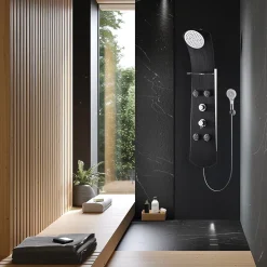 Colonne de douche thermostatique hydromassante 4 buses avec tablette, pomme de tête, douchette 3 jets et flexible, noir mat, Valentin Nautilus