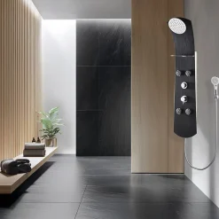 Colonne de douche thermostatique hydromassante 4 buses avec tablette, pomme de tête, douchette 3 jets et flexible, noir mat, Valentin Nautilus