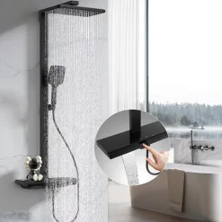 Colonne de Douche Thermostatique avec Tablette Sécurité 38C Jet Pluie et Cascade Aluminium Noir