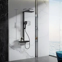 Colonne de Douche Thermostatique avec Tablette Sécurité 38C Jet Pluie et Cascade Aluminium Noir