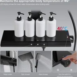 Colonne de Douche Thermostatique avec Tablette Sécurité 38C Jet Pluie et Cascade Aluminium Noir