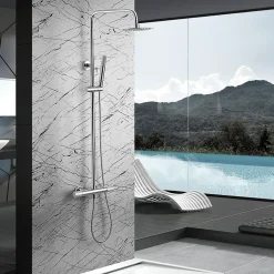 Colonne de douche thermostatique chromee acier et laiton avec douchette extensible