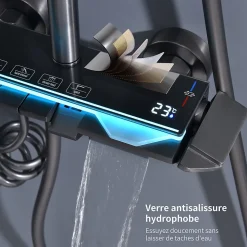 Colonne de Douche Thermostatique avec Étagère Jet Pluie et Cascade Hauteur Réglable 800-1000 mm Verre et Laiton Gris anthracite