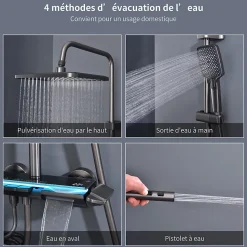 Colonne de Douche Thermostatique avec Étagère Jet Pluie et Cascade Hauteur Réglable 800-1000 mm Verre et Laiton Gris anthracite