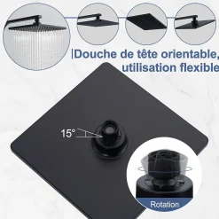 Colonne de Douche Thermostatique Noir 38C Systeme de Douche en Acier Inox Hauteur Reglable 855 a 1105 mm avec Douchette