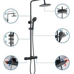 Colonne de Douche Thermostatique 3 Fonctions, Auralum MAX Ensemble de Douche Noir, Douche avec Tête de Douche de 9 pouces