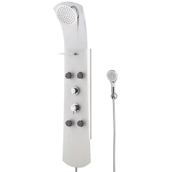 Colonne de douche thermostatique hydromassante 4 buses avec tablette, pomme de tête, douchette 3 jets et flexible, verre blanc, Valentin Nautilus