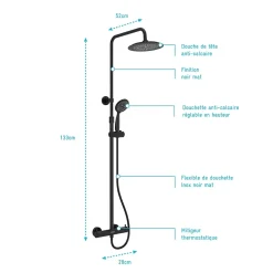 Colonne de douche thermostatique avec pommeau + douchette 2 jets + flexible + barre réglable, noir mat, Galedo Arty