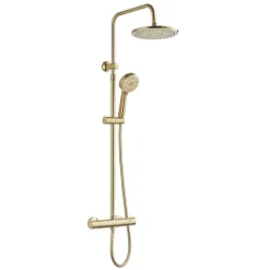 Colonne de douche thermostatique ronde avec douchette, pomme de douche, barre réglable et mitigeur, doré brossé, Edouard Rousseau Lueggo
