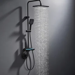 Colonne de Douche Thermostatique avec Étagère Jet Pluie et Cascade Hauteur Réglable 800-1000 mm Verre et Laiton Noir