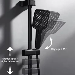 Colonne de Douche Thermostatique avec Étagère Jet Pluie et Cascade Hauteur Réglable 800-1000 mm Verre et Laiton Noir