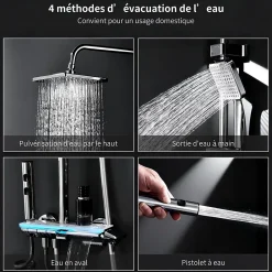Colonne de Douche Thermostatique avec Étagère Jet Pluie et Cascade Hauteur Réglable 800-1000 mm Verre et Laiton Chromé