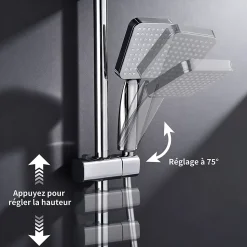 Colonne de Douche Thermostatique avec Étagère Jet Pluie et Cascade Hauteur Réglable 800-1000 mm Verre et Laiton Chromé