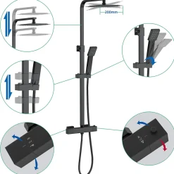 Colonne de douche thermostatique 200mm, kit carré noir AICA SANITAIRE