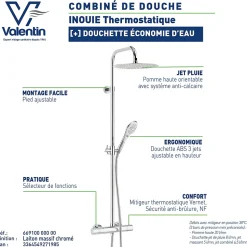 Colonne de douche thermostatique avec pomme de tête ronde, douchette et flexible, chrome, Valentin Inouie