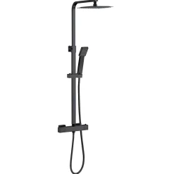 Colonne de douche thermostatique avec pomme de tête, douchette et flexible,noir mat, Carré, AICA
