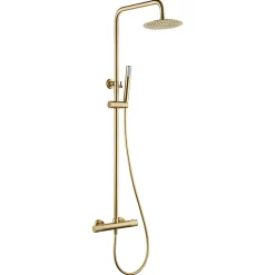 Colonne de douche thermostatique or brosse acier et laiton PVD avec flexible et douchette