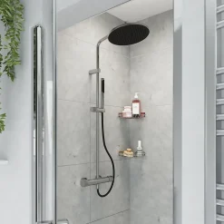 Colonne de douche thermostatique avec pommeau, douchette 2 jets, flexible, barre réglable, chrome, GoodHome Levanna