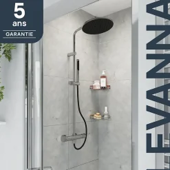 Colonne de douche thermostatique avec pommeau, douchette 2 jets, flexible, barre réglable, chrome, GoodHome Levanna