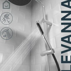 Colonne de douche thermostatique avec pommeau, douchette 2 jets, flexible, barre réglable, chrome, GoodHome Levanna