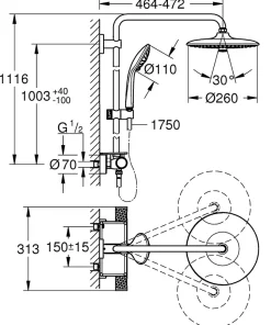 Colonne de douche thermostatique avec pommeau + douchette 3 jets + flexible + barre réglable, chrome, Grohe Vitalio Joy System 260
