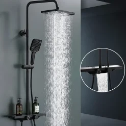 Colonne de Douche Thermostatique 38C avec Etageres Tete de Douche Pluie et Douchette Hauteur Reglable 1000 a 1240 mm Inox Noir