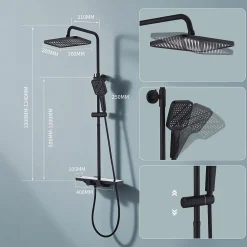 Colonne de Douche Thermostatique 38C avec Etageres Tete de Douche Pluie et Douchette Hauteur Reglable 1000 a 1240 mm Inox Noir