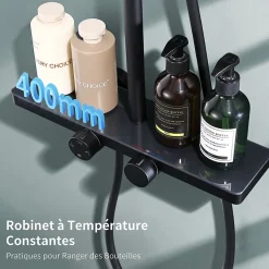 Colonne de Douche Thermostatique 38C avec Etageres Tete de Douche Pluie et Douchette Hauteur Reglable 1000 a 1240 mm Inox Noir