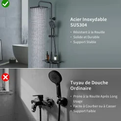Colonne de Douche Thermostatique 38C avec Etageres Tete de Douche Pluie et Douchette Hauteur Reglable 1000 a 1240 mm Inox Noir