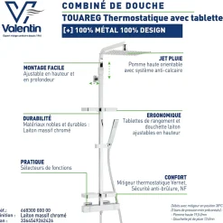 Colonne de douche thermostatique avec tablette, pomme de tête, douchette et flexible, chrome, Valentin Touareg